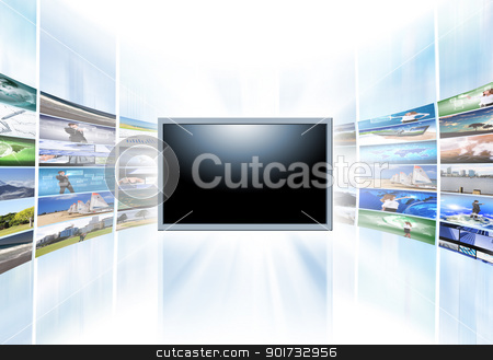 To use this stock image in your creative project, please select the size you need over to the right and click the "Add to Cart" button.
Your downloaded image will come with the Cutcaster watermark removed so don’t worry about the watermark you see on this page. A flat screen television stock photo, A flat screen television has a blank black text area with photo images coming out of the sides of it. The tv has a glowing light coming out the top by Sergey Nivens