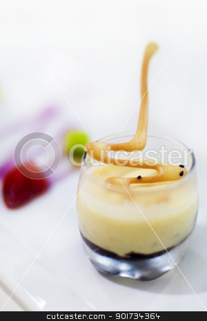 Dessert (Pistachio Semifreddo) Dessert (Pistachio Semifreddo) stock photo, A creamy dessert with crushed pistachio nuts and chocolate ganache, served with fresh caramel fruits by szefei