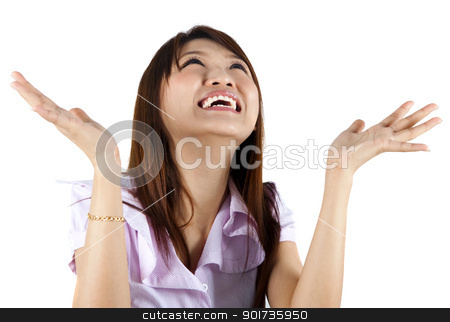 To use this stock image in your creative project, please select the size you need over to the right and click the "Add to Cart" button.
Your downloaded image will come with the Cutcaster watermark removed so don’t worry about the watermark you see on this page. Good News. stock photo, Happy Asian woman looking up and arms out, isolated on white. by szefei