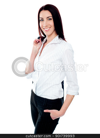 Stylish female executive holding coat over her shoulders Stylish female executive holding coat over her shoulders stock photo, Stylish female business executive holding coat over her shoulders on white background by Ishay Botbol