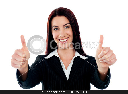 Confident businesswoman showing double thumbs-up Confident businesswoman showing double thumbs-up stock photo, Confident businesswoman showing double thumbs-up isolated over white by Ishay Botbol
