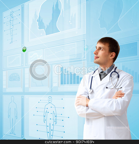 To use this stock image in your creative project, please select the size you need over to the right and click the "Add to Cart" button.
Your downloaded image will come with the Cutcaster watermark removed so don’t worry about the watermark you see on this page. Medicine and technology stock photo, Young doctor in white uniform against technology background by Sergey Nivens