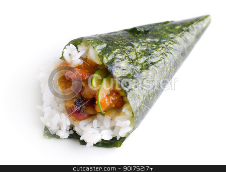 Hand roll temaki sushi. Hand roll temaki sushi. stock photo, Hand rolled temaki sushi traditional japanese cuisine isolated on white. by szefei