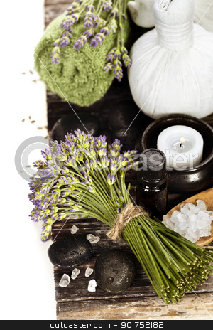 Lavender spa Lavender spa stock photo, lavender spa (fresh lavender flowers, towel, essential oil, pebbles, Herbal massage balls) on a wooden board by klenova