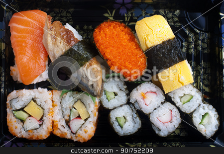 To use this stock image in your creative project, please select the size you need over to the right and click the "Add to Cart" button.
Your downloaded image will come with the Cutcaster watermark removed so don’t worry about the watermark you see on this page. Sushi set. stock photo, Sushi set traditional japanese cuisine on plate. by szefei