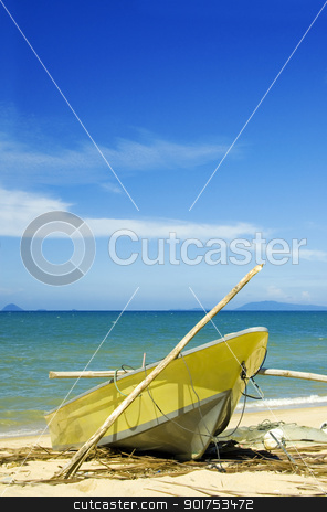To use this stock image in your creative project, please select the size you need over to the right and click the "Add to Cart" button.
Your downloaded image will come with the Cutcaster watermark removed so don’t worry about the watermark you see on this page. fishing boat stock photo, A fishing boat on beach by szefei