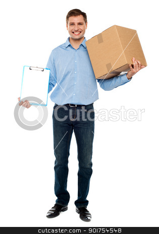 To use this stock image in your creative project, please select the size you need over to the right and click the "Add to Cart" button.
Your downloaded image will come with the Cutcaster watermark removed so don’t worry about the watermark you see on this page. Accept carton please. Courier service stock photo, Handsome man carrying delivery carton and a clipboard by Ishay Botbol