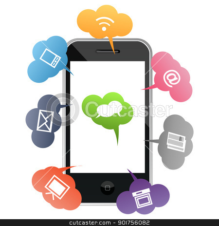 Mobile phone with colored communication symbols Mobile phone with colored communication symbols stock vector clipart, Mobile phone with colored communication symbols on white background by kurkalukas