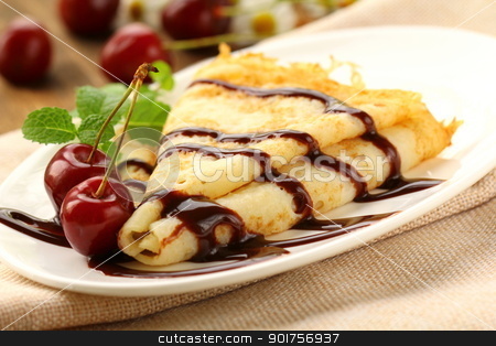 Sweet pancake with chocolate sauce and cherries Sweet pancake with chocolate sauce and cherries stock photo, Sweet pancake with chocolate sauce and cherries by Olga Kriger