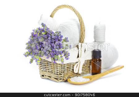 Lavender spa lavender spa stock photo, lavender spa (fresh lavender flowers in a basket, essential oil, salt, Herbal massage balls) over white by klenova