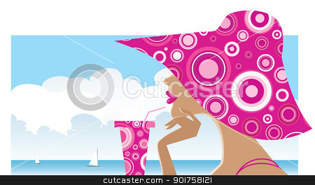To use this stock image in your creative project, please select the size you need over to the right and click the "Add to Cart" button.
Your downloaded image will come with the Cutcaster watermark removed so don’t worry about the watermark you see on this page. Woman in a big spotted hat stock vector clipart, Vector illustration of a women in a big spotted hat drinking cocktail on the beach by Vanda Grigorovic