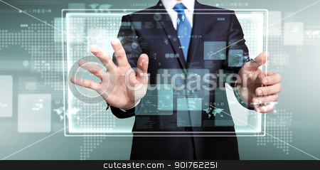 To use this stock image in your creative project, please select the size you need over to the right and click the "Add to Cart" button.
Your downloaded image will come with the Cutcaster watermark removed so don’t worry about the watermark you see on this page. Technology in business stock photo, Businessman in blue suit working with digital vurtual screen by Sergey Nivens