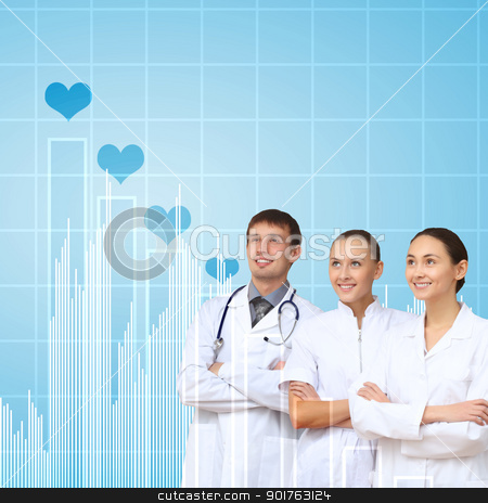 To use this stock image in your creative project, please select the size you need over to the right and click the "Add to Cart" button.
Your downloaded image will come with the Cutcaster watermark removed so don’t worry about the watermark you see on this page. Medicine and technology stock photo, Young doctor in white uniform against technology background by Sergey Nivens