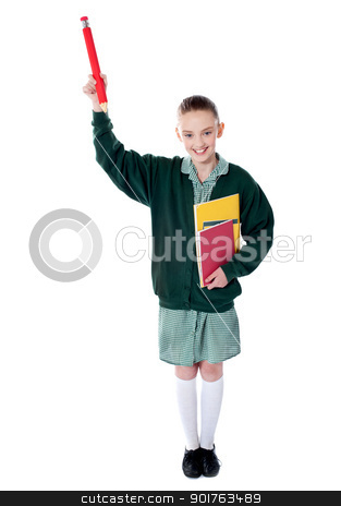 Pretty girl showing pencil upwards Pretty girl showing pencil upwards stock photo, Pretty girl showing pencil upwards with books in her hand by Ishay Botbol