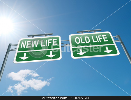 New or old life. New or old life. stock photo, Illustration depicting a highway gantry sign with a new life or old life concept. Blue sky background. by Samantha Craddock