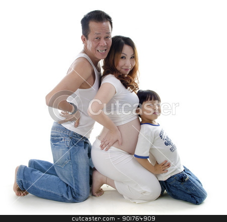 To use this stock image in your creative project, please select the size you need over to the right and click the "Add to Cart" button.
Your downloaded image will come with the Cutcaster watermark removed so don’t worry about the watermark you see on this page. Fun family stock photo, Asian pregnant woman and her family kneeling on white background by szefei
