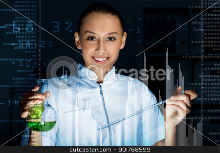 To use this stock image in your creative project, please select the size you need over to the right and click the "Add to Cart" button.
Your downloaded image will come with the Cutcaster watermark removed so don’t worry about the watermark you see on this page. Young scientist in laboratory stock photo, Young scientist in laboratory in white uniform by Sergey Nivens