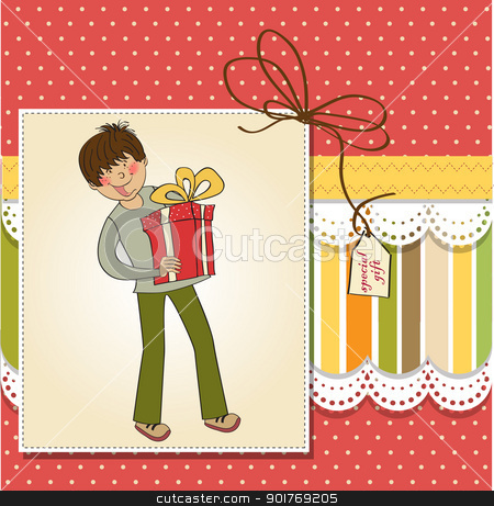 Greeting card with boy and big gift box greeting card with boy and big gift box stock vector clipart, greeting card with boy and big gift box by balasoiu