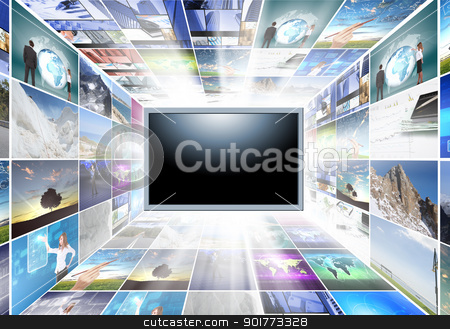 A flat screen television A flat screen television stock photo, A flat screen television has a blank black text area with photo images coming out of the sides of it. The tv has a glowing light coming out the top by Sergey Nivens