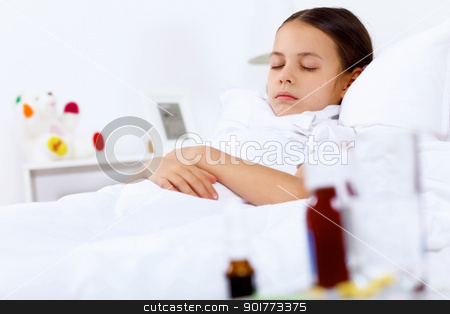 Girl with cold at home Girl with cold at home stock photo, Little girl with illness at bed at home by Sergey Nivens