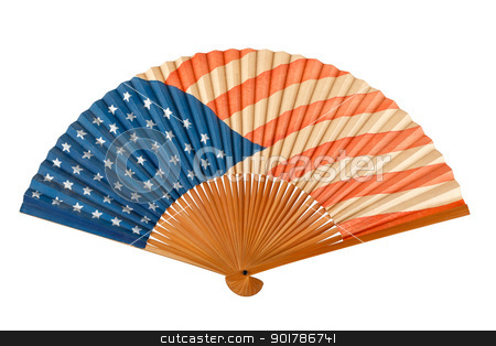 Antique American Flag Folding Fan Antique American Flag Folding Fan stock photo, Antique American flag folding fan with 48 stars on blue field and visible brush strokes in red stripes shows some aging, isolated on white by Karen Sarraga