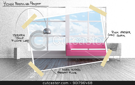 To use this stock image in your creative project, please select the size you need over to the right and click the "Add to Cart" button.
Your downloaded image will come with the Cutcaster watermark removed so don’t worry about the watermark you see on this page. House restyling project stock photo, Luminous and minimal open space with pink sofa for restyling house by Giordano Aita