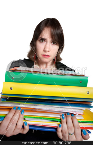 Worker with Stack of Binders Worker with Stack of Binders stock photo, Overwhelmed young professional holds stack of binders by Scott Griessel