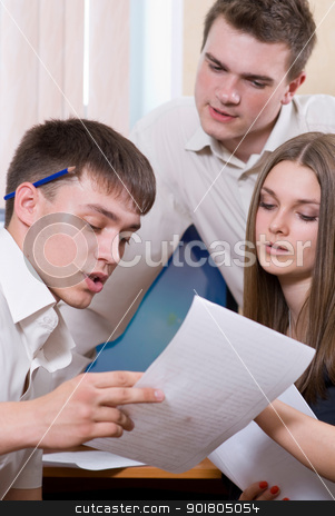To use this stock image in your creative project, please select the size you need over to the right and click the "Add to Cart" button.
Your downloaded image will come with the Cutcaster watermark removed so don’t worry about the watermark you see on this page. Happy young business woman with male stock photo, Happy young business woman with male colleagues reviewing document in meeting by Vadim