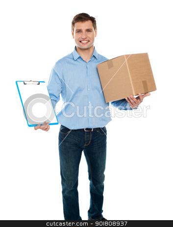 To use this stock image in your creative project, please select the size you need over to the right and click the "Add to Cart" button.
Your downloaded image will come with the Cutcaster watermark removed so don’t worry about the watermark you see on this page. Kindly accept the delivery. Courier services stock photo, Kindly accept the delivery. Courier services. Man holding clipboard and carton by Ishay Botbol