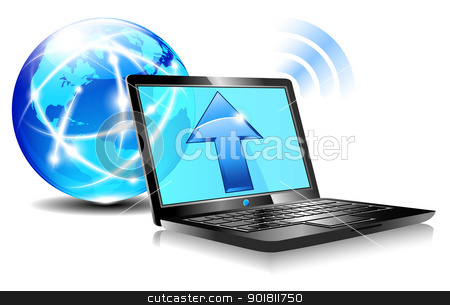 To use this stock image in your creative project, please select the size you need over to the right and click the "Add to Cart" button.
Your downloaded image will come with the Cutcaster watermark removed so don’t worry about the watermark you see on this page. Upload to the internet cloud Icon - Laptop global World stock vector clipart, Upload from a laptop computer to the internet cloud computing by Fenton