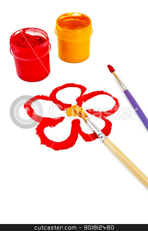To use this stock image in your creative project, please select the size you need over to the right and click the "Add to Cart" button.
Your downloaded image will come with the Cutcaster watermark removed so don’t worry about the watermark you see on this page. Painted in gouache flower stock photo, Flower, painted red and yellow paint, two brushes and two cans of red and yellow gouache isolated on white background by rezkrr