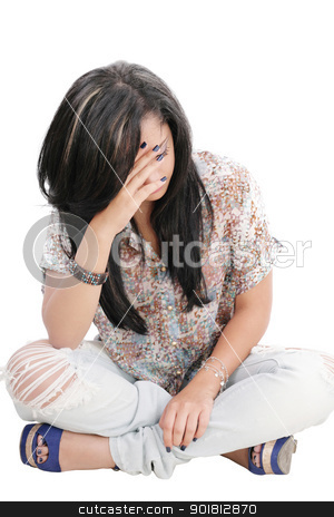 Dejected woman with hands on face sitting on floor Dejected woman with hands on face sitting on floor stock photo, Dejected woman with hands on face sitting on floor by dacasdo