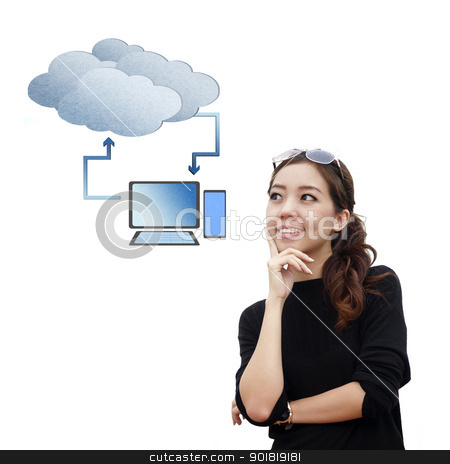 To use this stock image in your creative project, please select the size you need over to the right and click the "Add to Cart" button.
Your downloaded image will come with the Cutcaster watermark removed so don’t worry about the watermark you see on this page. Smart asian woman think about cloud computing isolate on white b stock photo, Smart asian woman think about cloud computing isolate on white background by jakgree