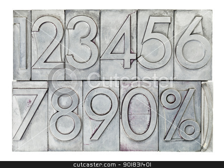 To use this stock image in your creative project, please select the size you need over to the right and click the "Add to Cart" button.
Your downloaded image will come with the Cutcaster watermark removed so don’t worry about the watermark you see on this page. numbers in vintage metal type stock photo, numbers from zero to nine and percent symbol in vintage metal type isolated on white by Marek Uliasz