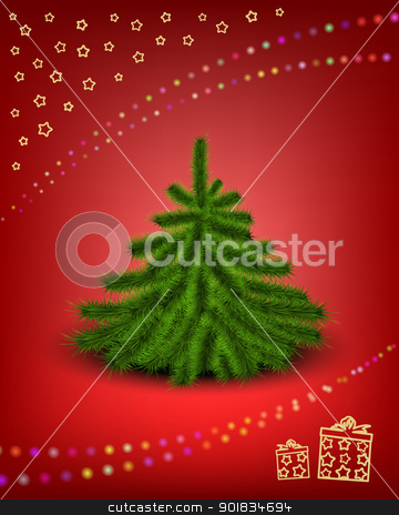 Christmas card Christmas card stock photo, Little fluffy Christmas tree on snowy background with garland and gift sign. EPS 10. Used effect opasity mask of garland and transparency layers of snowflake by Imaster