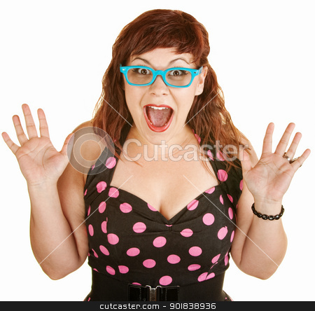 Woman With Hands Up Woman With Hands Up stock photo, Shocked lady in blue eyeglasses with hands up by Scott Griessel