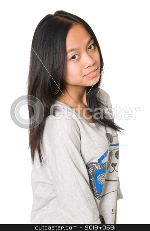 To use this stock image in your creative project, please select the size you need over to the right and click the "Add to Cart" button.
Your downloaded image will come with the Cutcaster watermark removed so don’t worry about the watermark you see on this page. Portrait of quiet, happy girl stock photo, Portrait of quiet, happy girl.Asian girl on white background. by Vadim