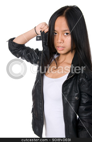To use this stock image in your creative project, please select the size you need over to the right and click the "Add to Cart" button.
Your downloaded image will come with the Cutcaster watermark removed so don’t worry about the watermark you see on this page. Portrait of brunette in a leather jacket. stock photo, Portrait of brunette in a leather jacket.Hand pulls a collar.Asian girl on a white background by Vadim