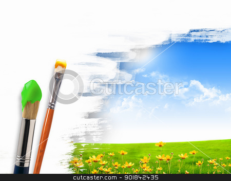 Paint brushes and landscape image Paint brushes and landscape image stock photo, Picture of sunny nature landscape and brushes by Sergey Nivens