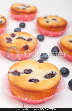 Blueberry Muffins Blueberry Muffins stock photo, Homemade Blueberry Muffins on White Table by JAMDesign