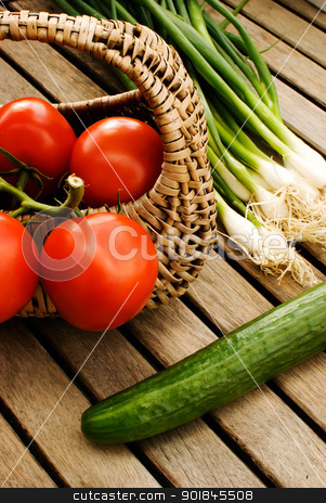 To use this stock image in your creative project, please select the size you need over to the right and click the "Add to Cart" button.
Your downloaded image will come with the Cutcaster watermark removed so don’t worry about the watermark you see on this page. vegetables stock photo, fresh vegetables tomatoes cucumber and green onion in basket over wooden table by Desislava Dimitrova