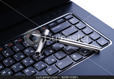 To use this stock image in your creative project, please select the size you need over to the right and click the "Add to Cart" button.
Your downloaded image will come with the Cutcaster watermark removed so don’t worry about the watermark you see on this page. Fountain pen on laptop keyboard stock photo, Fountain pen on laptop keyboard isolated on white background by nvelichko