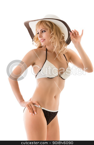 To use this stock image in your creative project, please select the size you need over to the right and click the "Add to Cart" button.
Your downloaded image will come with the Cutcaster watermark removed so don’t worry about the watermark you see on this page. Slim playful blonde girl in bikini and hat stock photo, Slim playful nice blonde girl in bikini and hat isolated on white background by Iryna Rasko