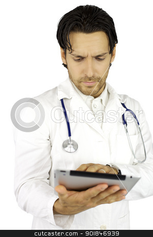 To use this stock image in your creative project, please select the size you need over to the right and click the "Add to Cart" button.
Your downloaded image will come with the Cutcaster watermark removed so don’t worry about the watermark you see on this page. Doctor working with tablet very serious stock photo, Doctor working concentrated with ipad by federico marsicano