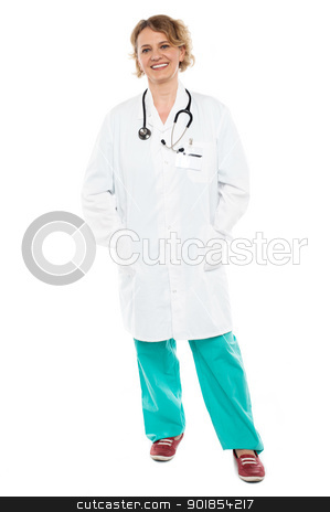 To use this stock image in your creative project, please select the size you need over to the right and click the "Add to Cart" button.
Your downloaded image will come with the Cutcaster watermark removed so don’t worry about the watermark you see on this page. Attractive senior doctor posing casually stock photo, Attractive senior doctor posing casually isolated over white background by Ishay Botbol