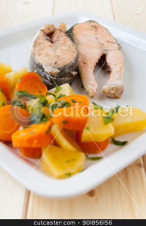 To use this stock image in your creative project, please select the size you need over to the right and click the "Add to Cart" button.
Your downloaded image will come with the Cutcaster watermark removed so don’t worry about the watermark you see on this page. Salmon steaks with vapor cooked veggies stock photo, Dish of salmon steaks and vapor cooked veggies by Giordano Aita
