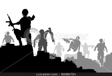 Combat troops Combat troops stock vector clipart, Editable vector silhouettes of armed soldiers charging forward with each man as a separate object by Robert Adrian Hillman
