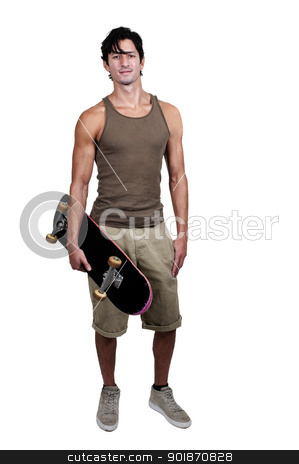 To use this stock image in your creative project, please select the size you need over to the right and click the "Add to Cart" button.
Your downloaded image will come with the Cutcaster watermark removed so don’t worry about the watermark you see on this page. Man with Skateboard stock photo, Handsome young man with a skateboard ready to ride by Robert Byron