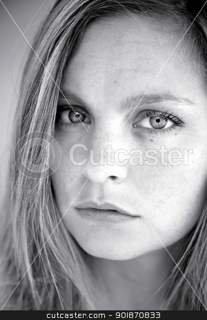 To use this stock image in your creative project, please select the size you need over to the right and click the "Add to Cart" button.
Your downloaded image will come with the Cutcaster watermark removed so don’t worry about the watermark you see on this page. Beautiful serious blonde girl black and white stock photo, Woman blonde with freckles serious and sad by federico marsicano
