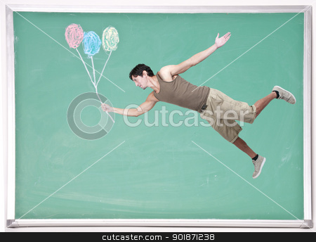 Man Floating with Chalk Balloons Man Floating with Chalk Balloons stock photo, Handsome young man floating with balloons on a chalkboard by Robert Byron